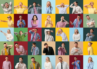 Set of laughing people on color background