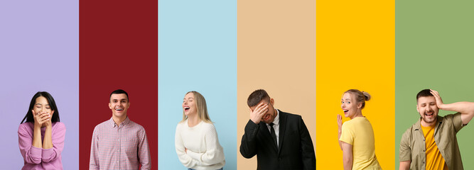Collection of laughing people on color background
