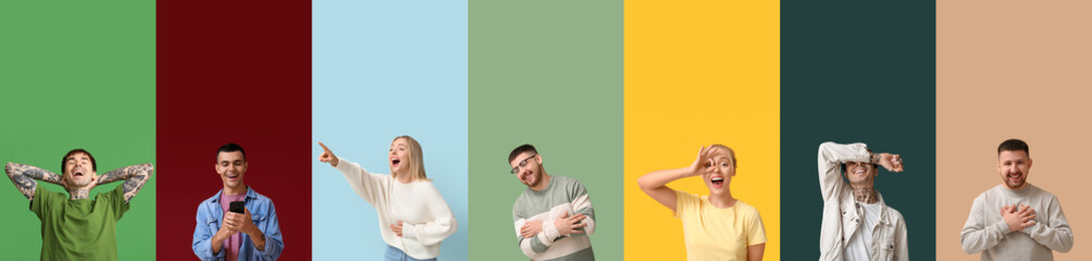 Collage of laughing people on color background