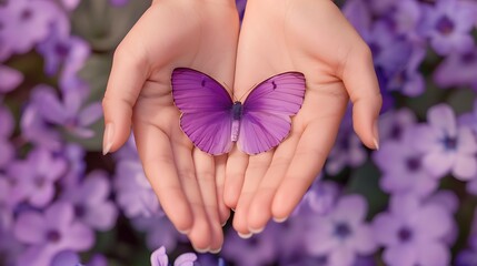 Hand holding purple butterflies, concern for people with lupus disease