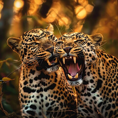 Couple Of Leopards Licking Each Others With Loving