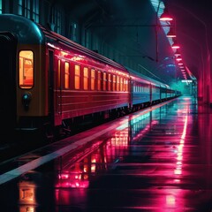 a urban metro train at the station with red and purple lights - obrazy, fototapety, plakaty