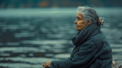 An elderly female in bewilderment, sitting by himself over the dune landscapes and peering out to sea at the golden twilight side view and space, Generative AI.