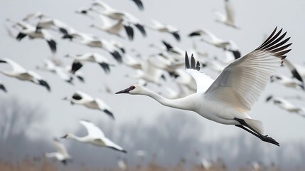 Whooping cranes fly together, migrate somewhere