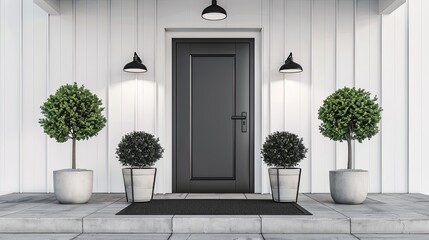 Real estate concept.  trees in pots and lamps.Stylish front door of modern house with white walls, doormat.