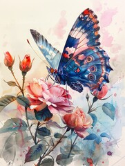 Watercolor illustration of a butterfly visiting a rose garden, bright pastel colors, hand drawn, summery feel