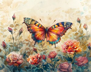 Elegant and colorful hand drawn watercolor of a butterfly in a field of roses, using bright pastels, summer garden