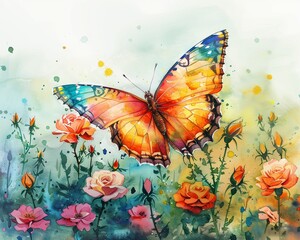 Watercolor hand drawn butterfly fluttering over a field of roses, bright pastels, embodying a vibrant summer theme