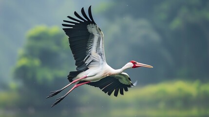 Maguari stork flying with blur background on wildlife - obrazy, fototapety, plakaty