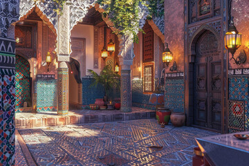 A 3D render of a Moroccan craftsman house in the heart of Marrakesh, with intricate tile work, vibrant courtyards, and ornate lanterns casting warm lights on textured walls.