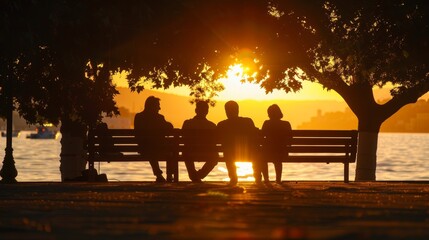 Silhouettes of people sitting on wooden benches enjoying the heat..
