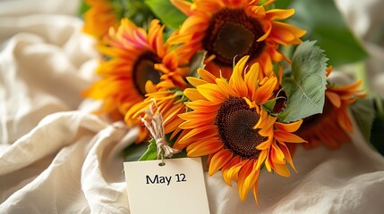 Over a white backdrop, a May 12 calendars indicate and a sunflower arrangement symbolize gratitude Mother's Day and space, Generative AI.