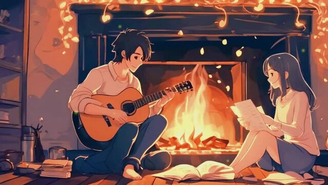 Cute lofi couple in winter night love, Japanese Anime style Seamless loop hip-hop chill music lofi bites vibes Relaxing animation