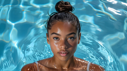 Elegant Athlete: Black Swimmer with Ponytail, Dynamic Ponytail: Hairstyle for Swimmer, Aquatic Grace: Ponytailed Athlete, Sporting Confidence: Ponytail on Swimmer