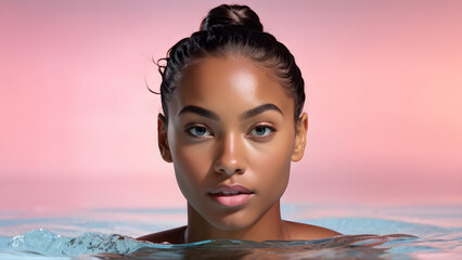 Elegant Athlete: Black Swimmer with Ponytail, Dynamic Ponytail: Hairstyle for Swimmer, Aquatic Grace: Ponytailed Athlete, Sporting Confidence: Ponytail on Swimmer