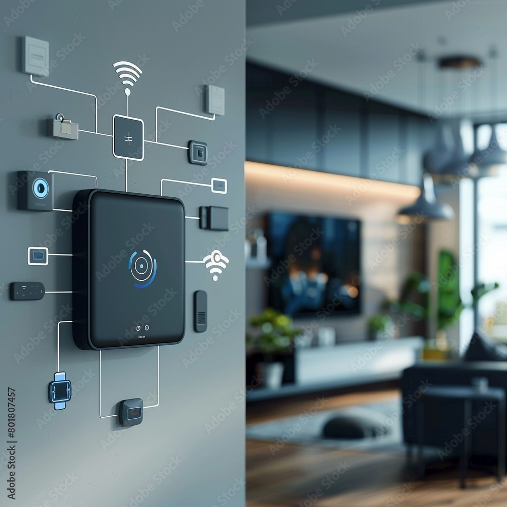 Aufkleber diagram displayed on a wall showing the network of iot security devices throughout a smart home, edu