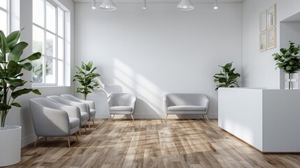doctor's office waiting room with a white wall, some soft gray chairs, oak flooring
