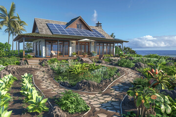 A 3D visualization of a Cape Cod style craftsman house on a remote island in the Pacific, with sustainable design elements, solar panels, and a self-sustaining garden.
