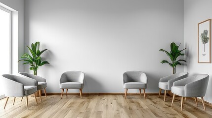 Fototapeta na wymiar doctor's office waiting room with a white wall, some soft gray chairs, oak flooring