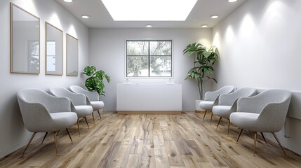 Naklejka na ściany i meble doctor's office waiting room with a white wall, some soft gray chairs, oak flooring