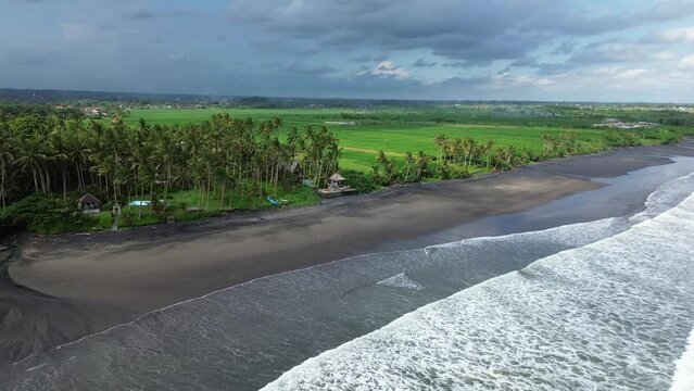 Aerial view of Pasut beach. The Black Sand Beach in Tabanan, Indonesia