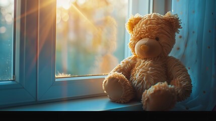 A plush teddy bear sitting on a sunlit windowsill - obrazy, fototapety, plakaty