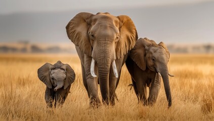 Fototapeta premium Three elephants standing closely together in tall dry grass of African plains radiating strength unity and familial bonds under soft golden light of a peaceful natural habitat