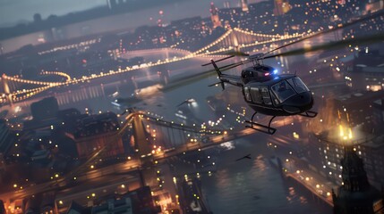 helicopter is in flight above a vibrant cityscape during night time, with lights from buildings, streets, and bridges