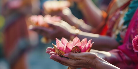 Close-up of hands holding beautifully crafted lotus offerings at a temple, with other devotees blurred in the background