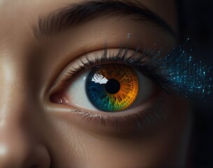 Human eye with cyber retinal recognition for neuro link connection smart lens eyes vision diagnostics Augmented virtual reality in metaverse AI artificial intelligence. Creative Banner.Generative AI