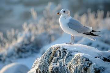 A portrait of a seagull standing among snowy rock and environment with a big space for text or product advertisement background, Generative AI.