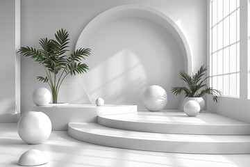 Abstract white and gray 3D room with set of realistic white cylinder pedestal podium Minimal scene for product display presentation Geometric platform design Stage for showcase Vec