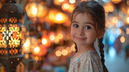 Ai Generative photo of a happy muslim girl with ramadan lanterns in streets