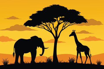 Silhouette of giraffe and elephant at savanah vector design