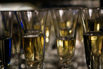 A row of wine glasses are lined up on a table. The glasses are all filled with a clear liquid, and they are all the same size.