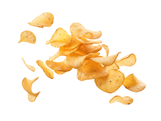 Thinly sliced potato chips scattered in the air, capturing the essence of a light, crunchy snack, isolated on transparent background. Generative AI