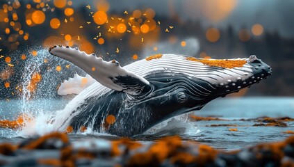 humpback whale breaching in vibrant ocean scene with water splashes, showcasing marine wildlife, fluid motion, and stunning aquatic visuals perfect for wallpapers and nature