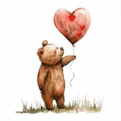 Fototapeta premium A cute watercolor painting of a teddy bear holding a heart-shaped balloon