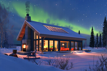 A 3D visualization of a Craftsman house in the snowy landscapes of Alaska, with energy-efficient features, a cozy interior warmed by a wood stove, and stunning views of the aurora borealis.
