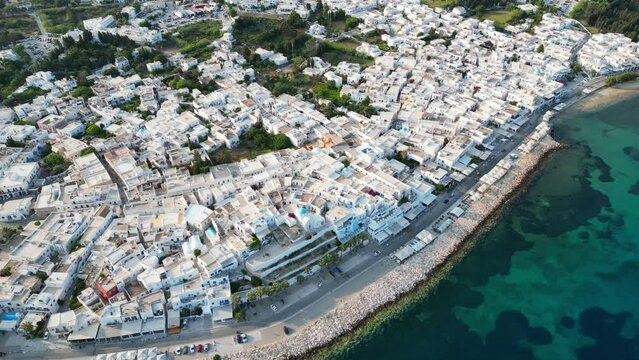 Aerial footage of the town Parikia on the island of Paros, one of the many Cyclades Islands in the Aegean Sea.