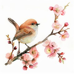A watercolor painting of a small brown bird perched on a branch with delicate pink blossoms.