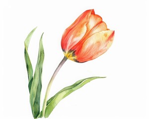 A single orange tulip in watercolor. The tulip is facing the viewer. The stem is green with two leaves.