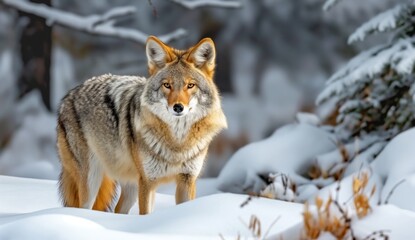 Obraz premium A gray wolf, a wild canine predator with thick fur, stands alert in a snowy winter landscape