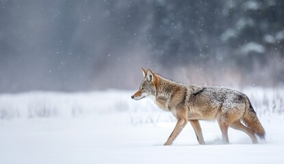 Fototapeta premium A gray wolf, a wild canine predator with thick fur, stands alert in a snowy winter landscape