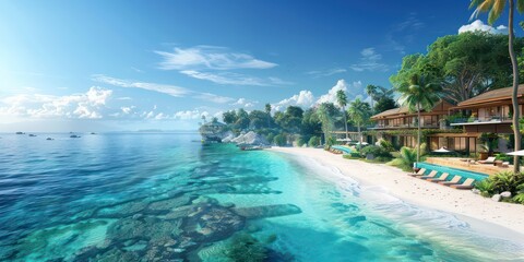 Fototapeta premium bright and clear beaches, view of the hotel, on a tropical island