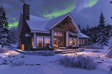 A 3D visualization of a Craftsman house in the snowy landscapes of Alaska, with energy-efficient features, a cozy interior warmed by a wood stove, and stunning views of the aurora borealis.