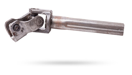 The spare part of the car is a metal steering propeller shaft with hinges on a white background with inscriptions designating the model. Repair of equipment at the auto-parsing in the workshop.