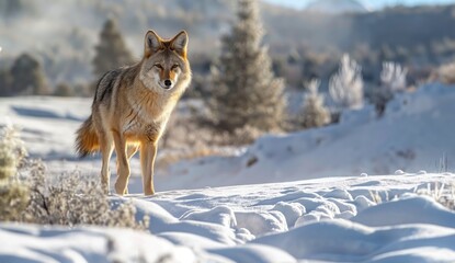 Fototapeta premium A gray wolf, a wild canine predator with thick fur, stands alert in a snowy winter landscape