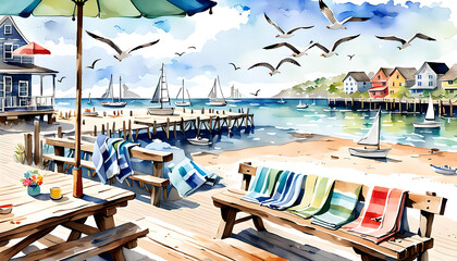 Fototapeta premium A Watercolor Illustration of a Nostalgic Seaside Scene