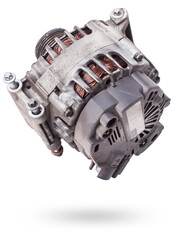 Car generator, car electrical network element on white background, generator details close-up....